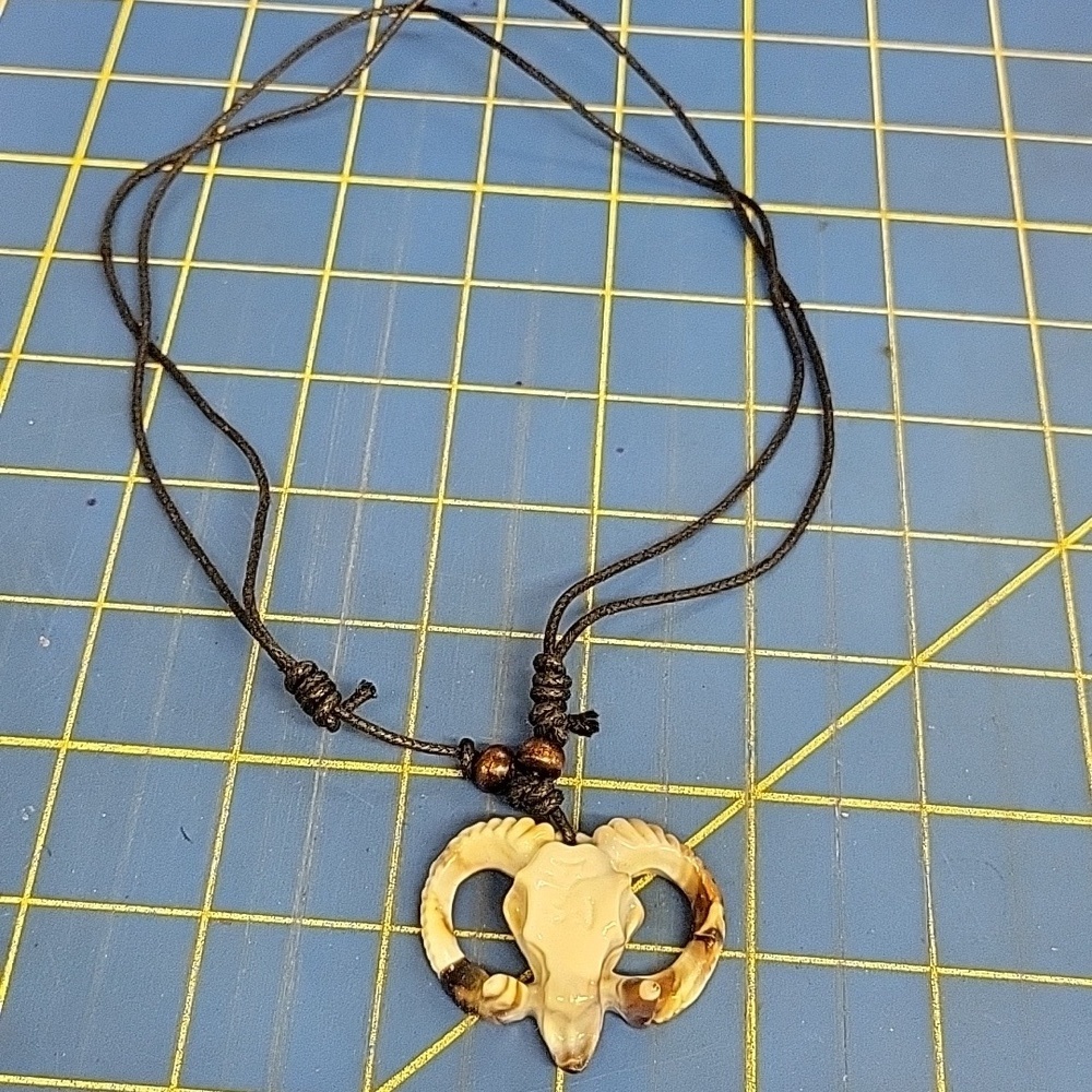 Bull Skull Cow Antler Black Pleather Adjustable Necklace Western